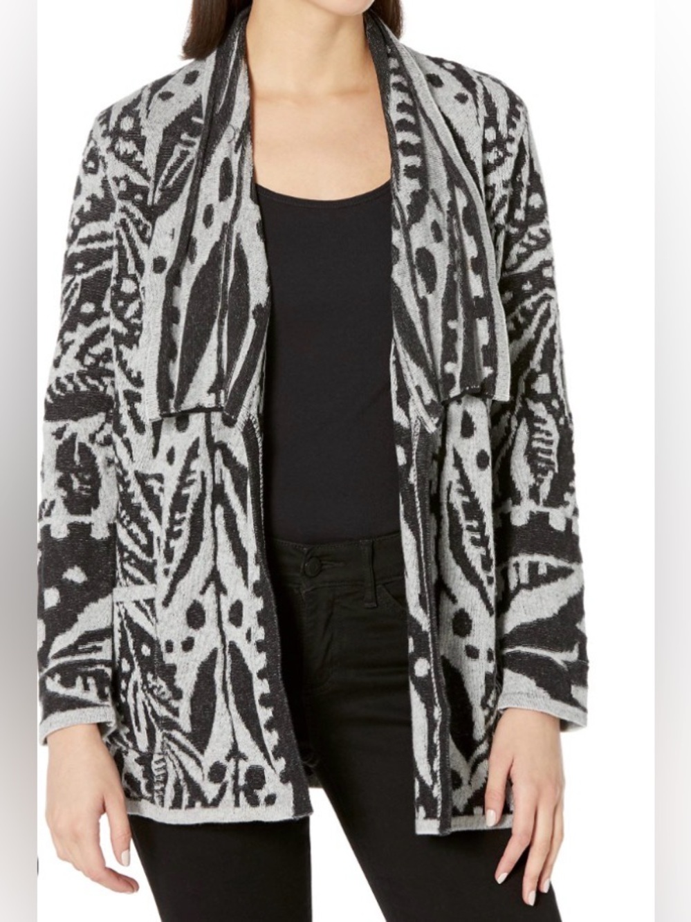 NIC+ZOE Small Black and Gray Patterned Open-Front Cardigan Pockets